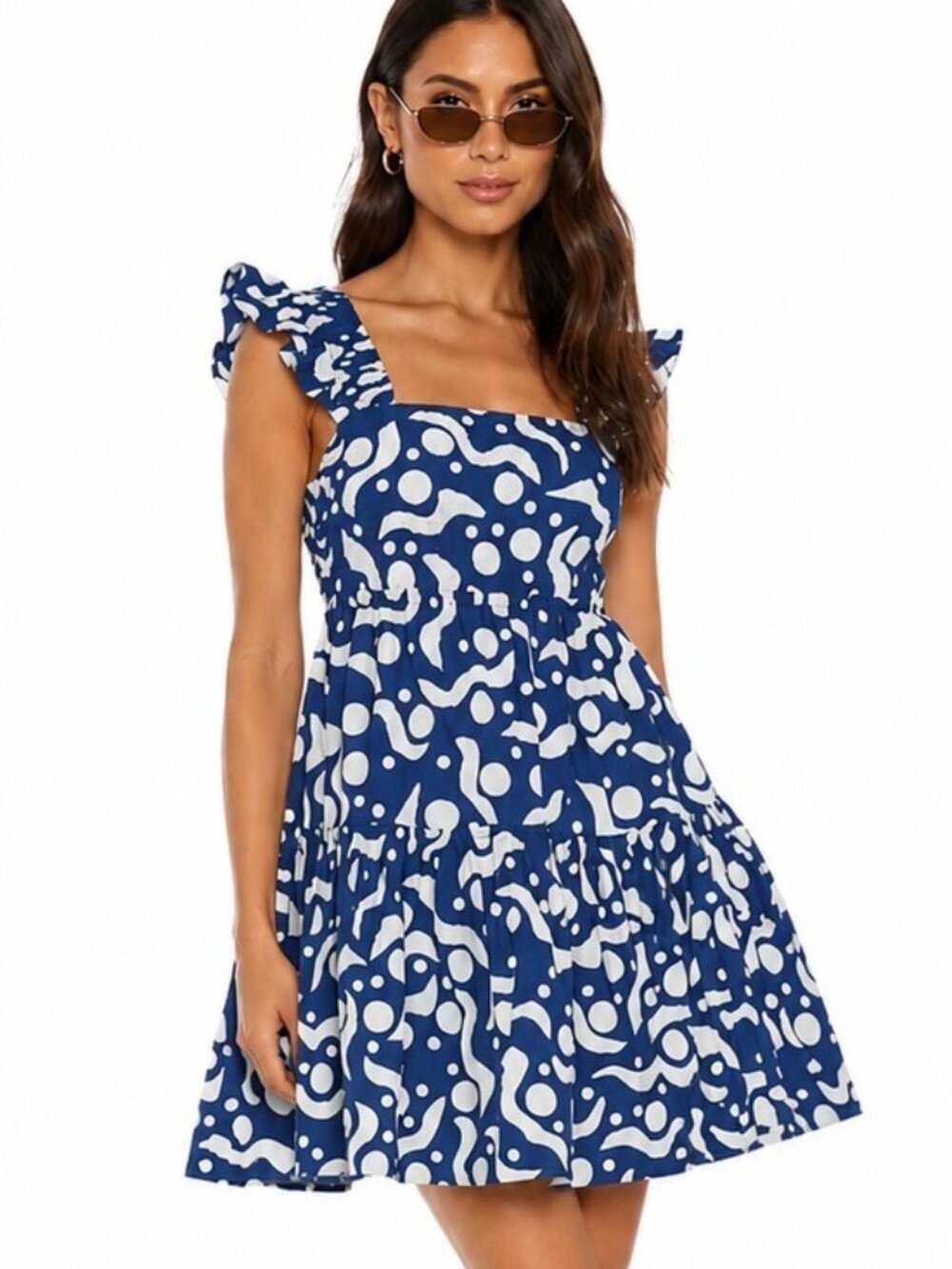 NWT OLIPHANT Cotton Smocked Square Neck Mini Dress In Acadia Navy Size M